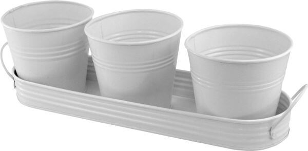 PLAID Metal Planting Pots with Tray, White PLAID Metal Planting Pots with Tray, White