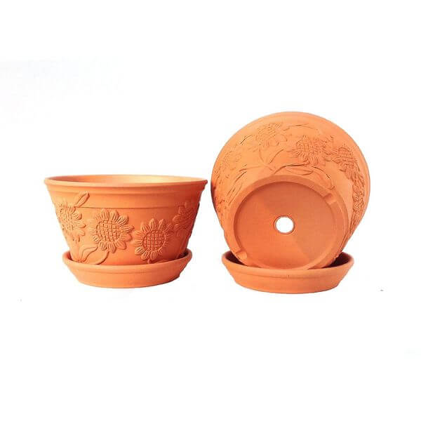 Raised Sunflower Embellished Natural Terra Cotta Garden Pots Raised Sunflower Embellished Natural Terra Cotta Garden Pots