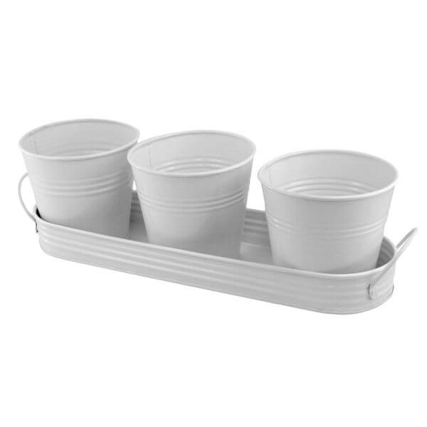 PLAID Metal Planting Pots with Tray, White PLAID Metal Planting Pots with Tray, White